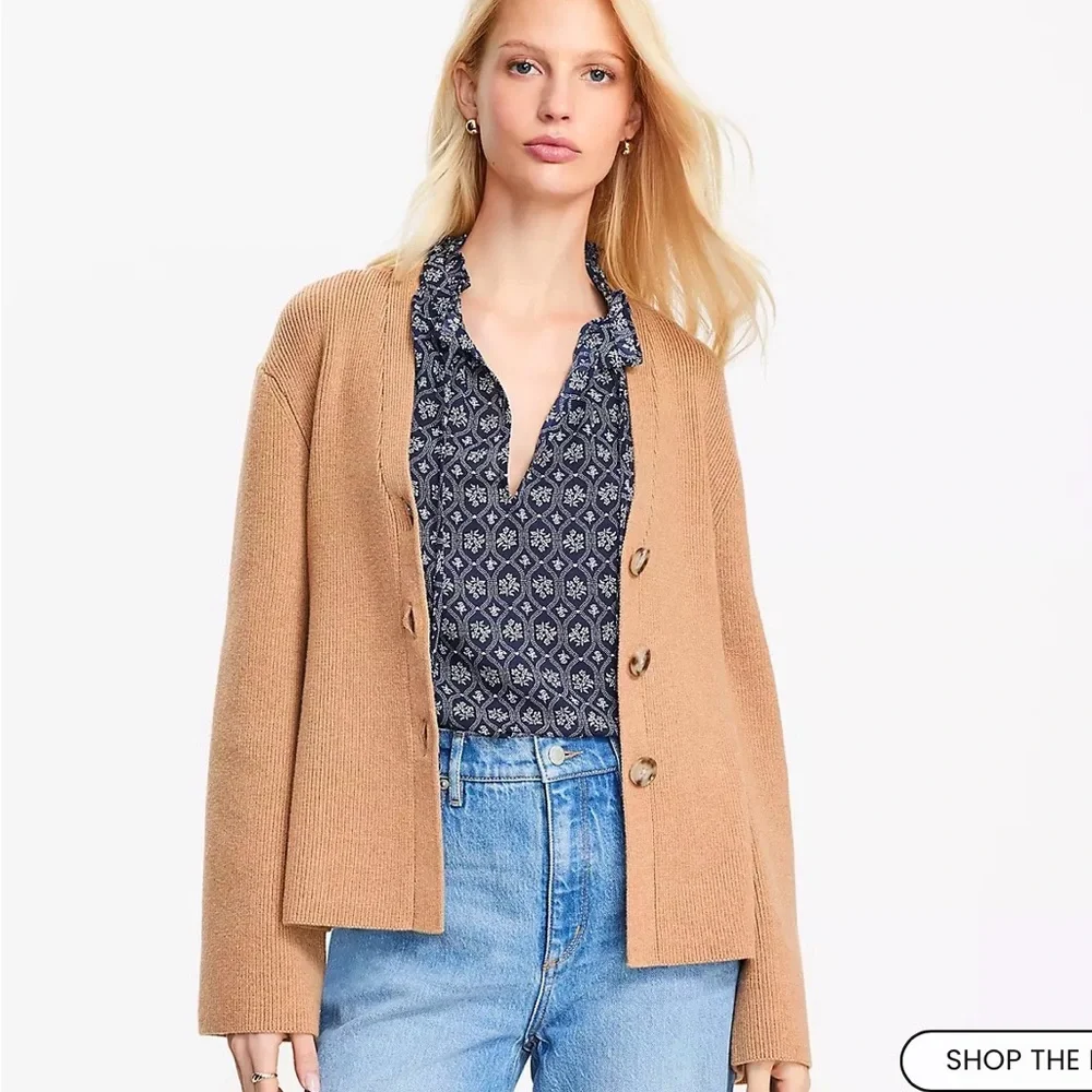 NWOT LOFT Camel Tan Brown Knit Sweater Cardigan Bell Sleeve Button Up - Picture 1 of 5